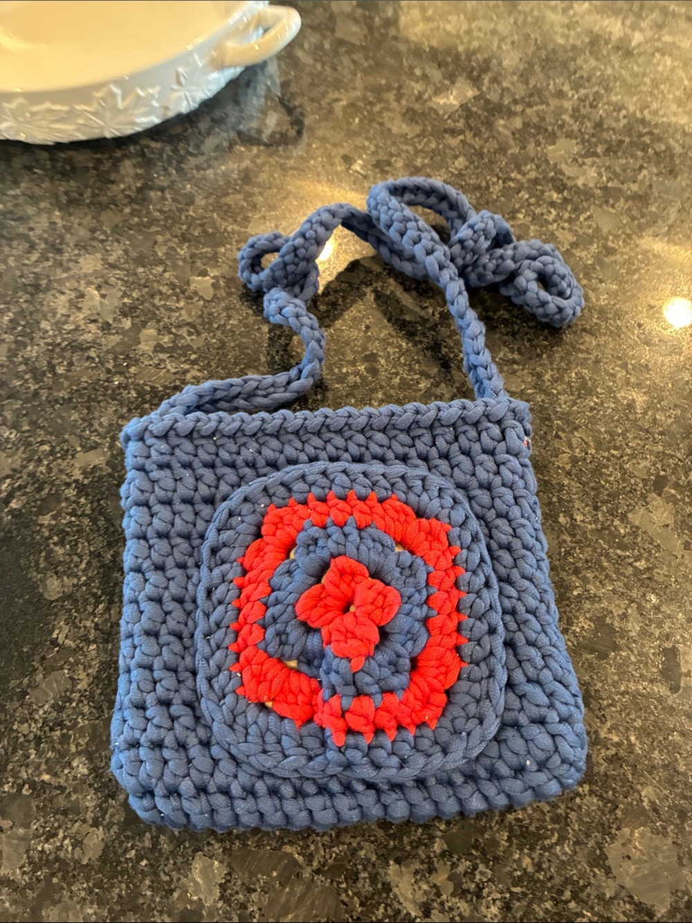Handmade Crochet Navy Crossbody Bag with Red Accent